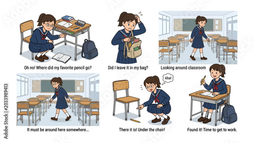 Fotografie Student Searching for Pencil: A sequence of six illustrated panels depicts a schoolgirl in uniform searching her desk and classroom for her lost pencil