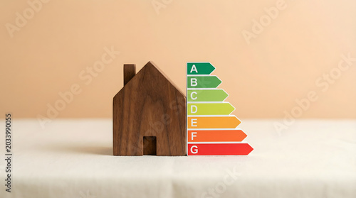 Wooden house model with energy efficiency rating scale