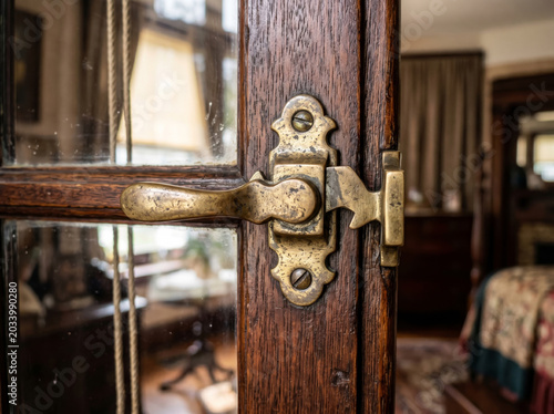 Vintage golden door latch on a classic wooden door