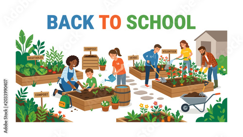 Back To School Garden Fun: Children and adults work together in a vibrant community garden, tending to plants and learning about nature as they celebrate Back To School.