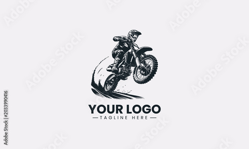 Motocross dirt bike rider jumping mid air dynamic black vector logo