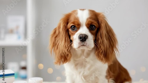 Cavalier King Charles Spaniel with various medications, pet pharmacy concept for veterinary clinics, animal healthcare campaigns, treatment guidance and responsible pet care branding, clean studio