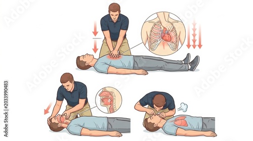 First aid training shows CPR steps focusing on chest compressions and breaths for workplace emergencies. Proper techniques are demonstrated.
