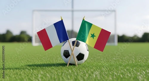 France versus senegal soccer match flags and ball on pitch