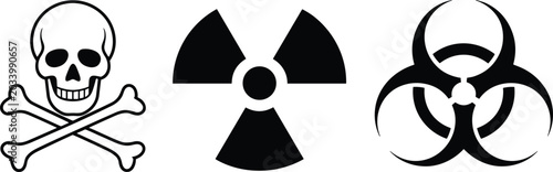 Fotografía Hazard warning symbols collection featuring skull crossbones, radioactive sign a