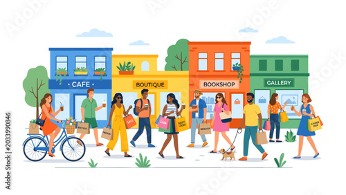 Vibrant Street Scene: A lively depiction of diverse people enjoying a day of shopping and leisure on a colorful, sunlit street lined with quaint shops and cafes.