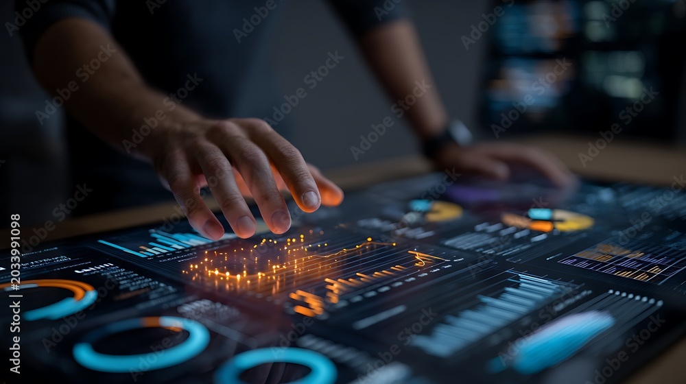 Fototapeta premium Executive analyst using transparent AI financial dashboard in luxury dark office, glowing data reflections and cinematic fintech business atmosphere with negative copy space