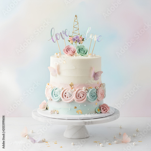 Colorful tiered cake decorated with flowers and butterflies on a pastel background.