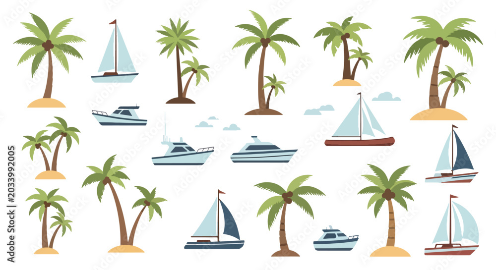 Fototapeta premium Tropical beach scene with palm trees and sailboats.