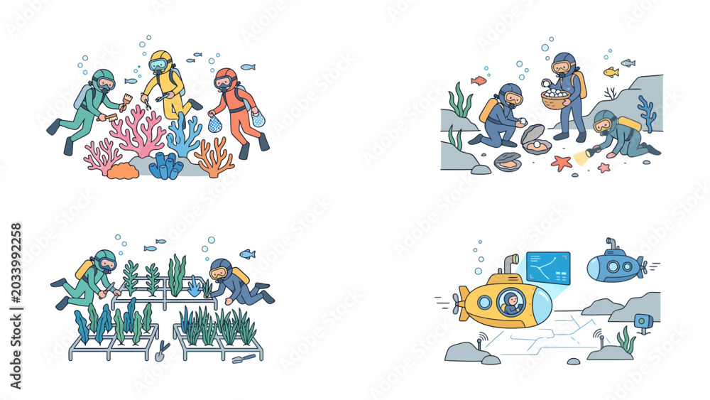 Fototapeta premium Underwater Exploration Collage: A vibrant collection of illustrations showcasing divers exploring coral reefs, collecting pearls, cultivating underwater crops, and operating a submersible.