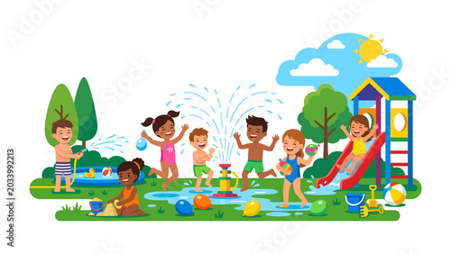 Summer Splash: A vibrant illustration depicts diverse children gleefully splashing in sprinklers and playing on a sunny playground, embodying the carefree spirit of summer vacation.