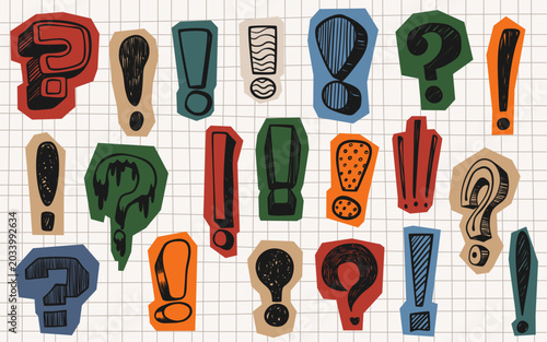 Quadro su tela Scrapbook set of question and exclamation marks on notebook page background