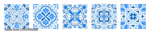 Mediterranean tile patterns, blue vector illustration on white background. Greek mosaics geometric elements for seamless frames, ornamental design interiors, traditional italian, portuguese style