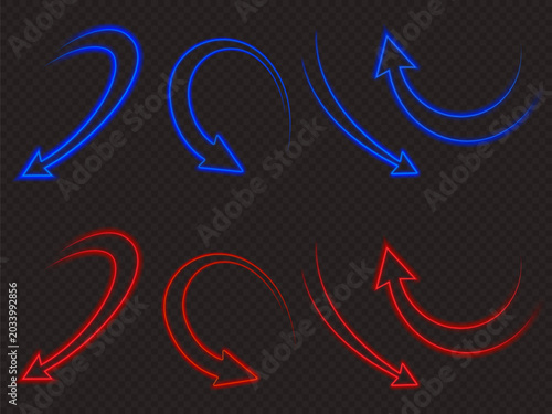 Tablou pe pânză Glowing neon arrow set, blue red curvy pointers up and down, 3d vector illustrations isolated on transparent background