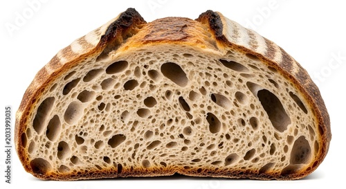 Artisan sourdough bread slice with open crumb structure close up view