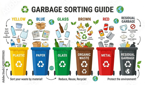Fotografie Waste segregation and garbage recycling colored bins vector infographic