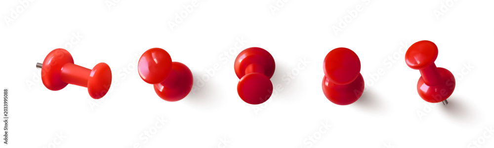 Obraz premium Red thumbtack pin icons with shadow, 3d realistic vector set isolated on white background. Pushpin design for office board, paper notes, and memo fixation, different view