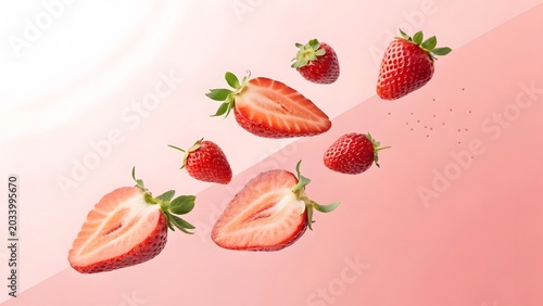 Floating strawberries against a gradient pink background