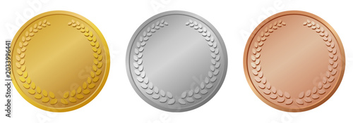 Bild auf Leinwand 金銀銅メダルセット 月桂冠付きアワードバッジデザイン素材　Gold Silver Bronze Medal Set Laurel Award Badge Des