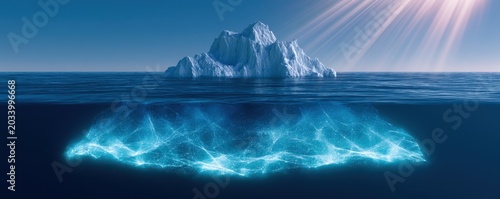 Giant iceberg floating in the deep blue ocean with  glowing underwater section below the water surface
