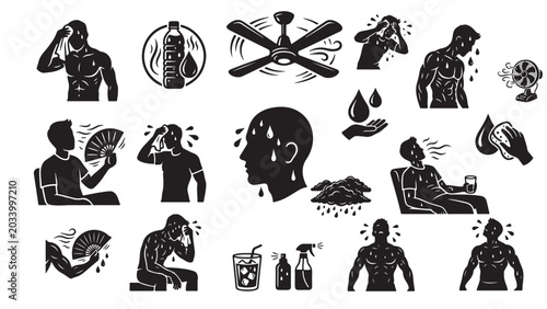 Bild auf Leinwand Heatwave and Humidity Symptoms and Cooling Solutions Icon Set