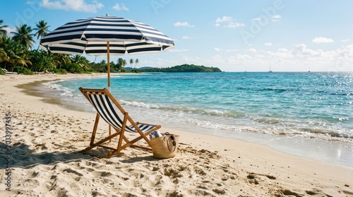 Serene beach with striped parasol, chair, and bag facing calm sea waves, surrounded by lush palms
