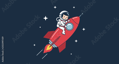 Astronaut in spacesuit riding a red rocket ship against a starry night sky
