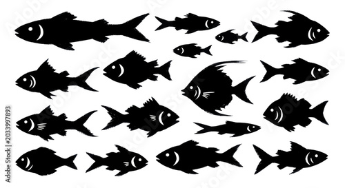 Bild auf Leinwand Collection of Diverse Fish Silhouettes in Various Poses and Sizes