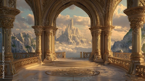 Stunning Fantasy Palace Balcony Overlooking Magical Floating City in the Clouds.