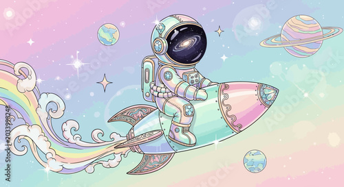Astronaut in spacesuit riding rocket through pastel space with planets