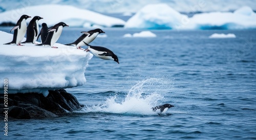 Penguins jumping from ice into icy waters with one swimming below