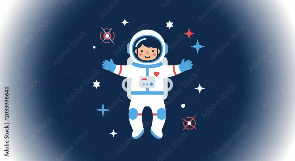 Fototapeta premium Astronaut in spacesuit with open arms and stars in outer space illustration