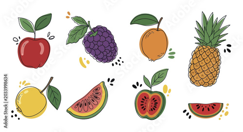Tableau sur toile Collection of Fresh Fruits Hand Drawn Style.
