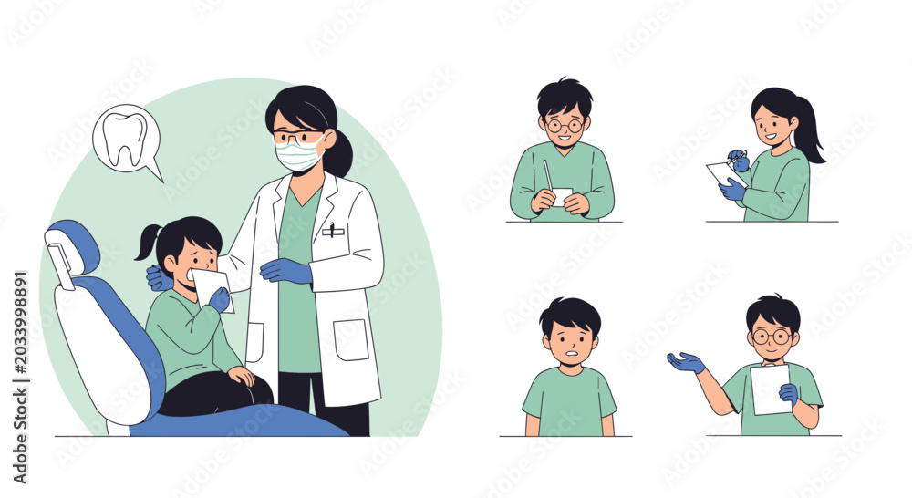 Fototapeta premium Child with Dentist: Vector Illustration of Dental Services