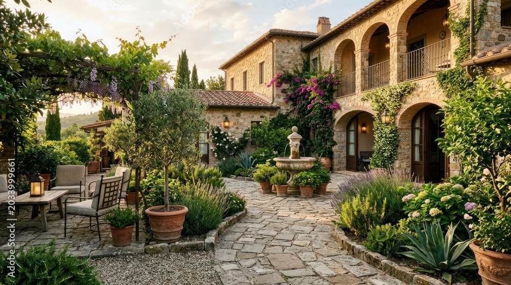 Obraz premium Serene stone courtyard with lush greenery, fountain, and elegant seating; arches enhance rustic charm