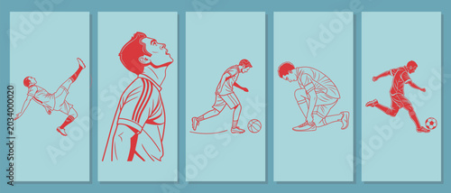 Foto Skilled soccer players engaged in various activities including powerful bicycle kicks, tying laces, and dynamic running with a ball