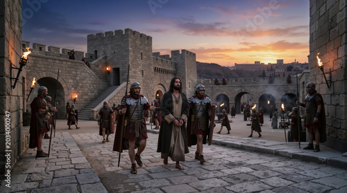 Jesus led by Roman soldiers at the Jerusalem praetorium. Biblical scene of the trial at dawn. Historical reenactment of the passion