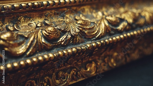 Close up of an ornate vintage gold picture frame with intricate carving details.