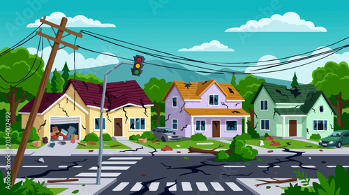 Foto Residential street after earthquake with damaged houses, broken windows, and deb