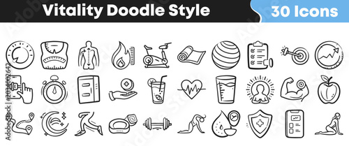 Billede på lærred Collection of thirty hand drawn fitness and health doodle icons