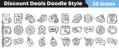 Tableau sur toile Collection of hand drawn discount icons for retail marketing sales