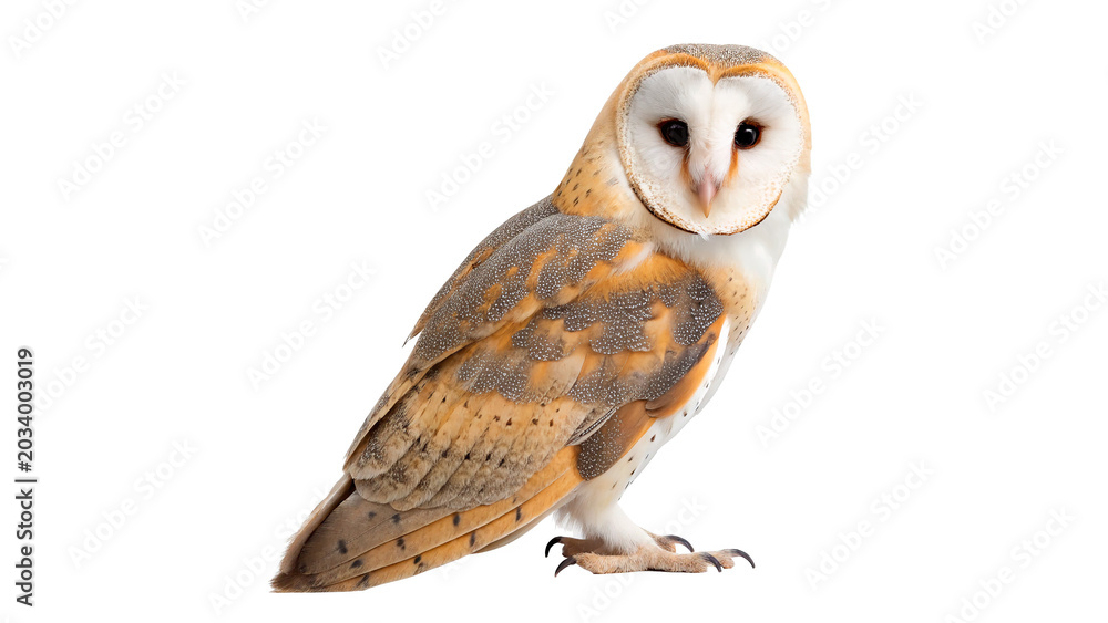 Obraz premium Majestic wild barn owl bird standing looking forward profile isolated on transparent background cut out
