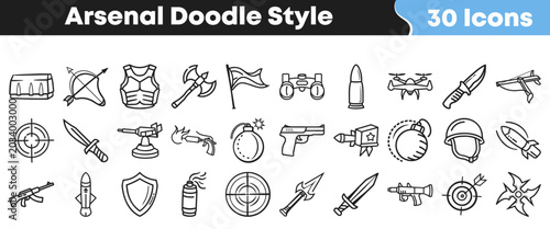 Photos Collection of various military weapon icons in a hand drawn style