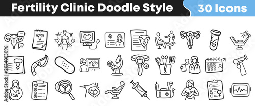 Photos Collection of hand drawn fertility clinic icons in doodle style