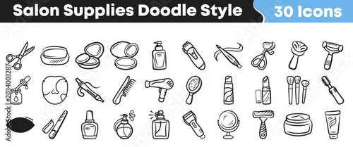 Foto Collection of hand drawn doodle icons representing various salon beauty supplies