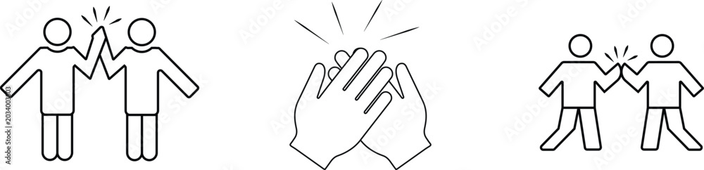 Obraz premium Hand Drawn High Five Icons Set Vector Illustration, Teamwork Celebration and Success Line Art Collection