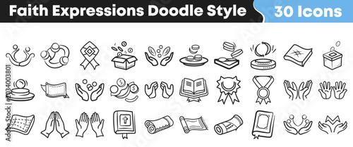 Foto Set of hand drawn religious faith icons in doodle style