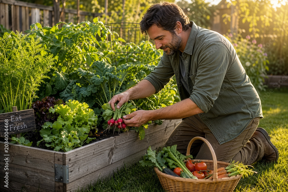 Fototapeta premium Man Harvesting Fresh Organic Vegetables in Backyard Garden