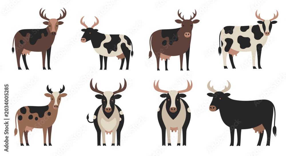 Obraz premium Cartoon cows with antlers illustration set various colors and poses isolated