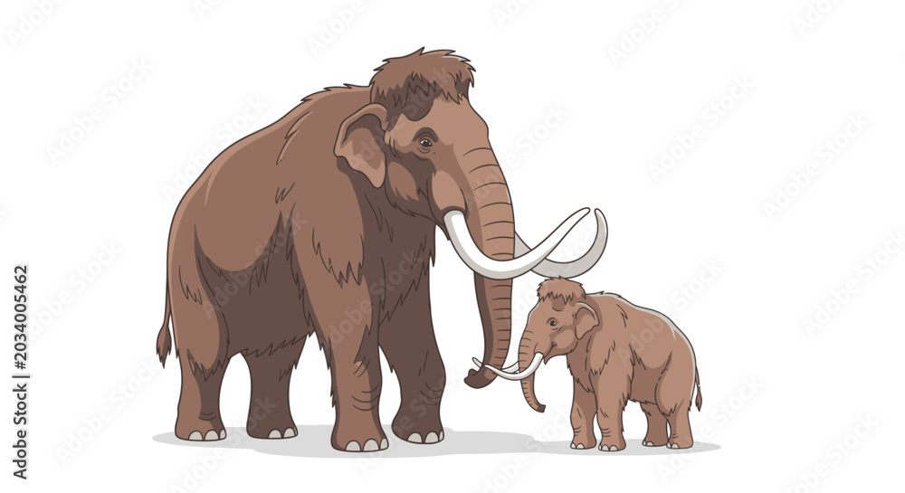 Fototapeta premium Illustrated depiction of two woolly mammoths adult and young against white backdrop